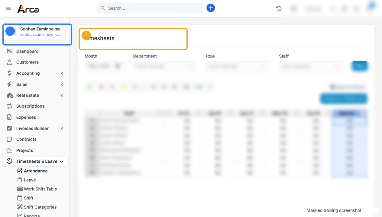 اسکرینشات حضور، مرخصی و Timesheets